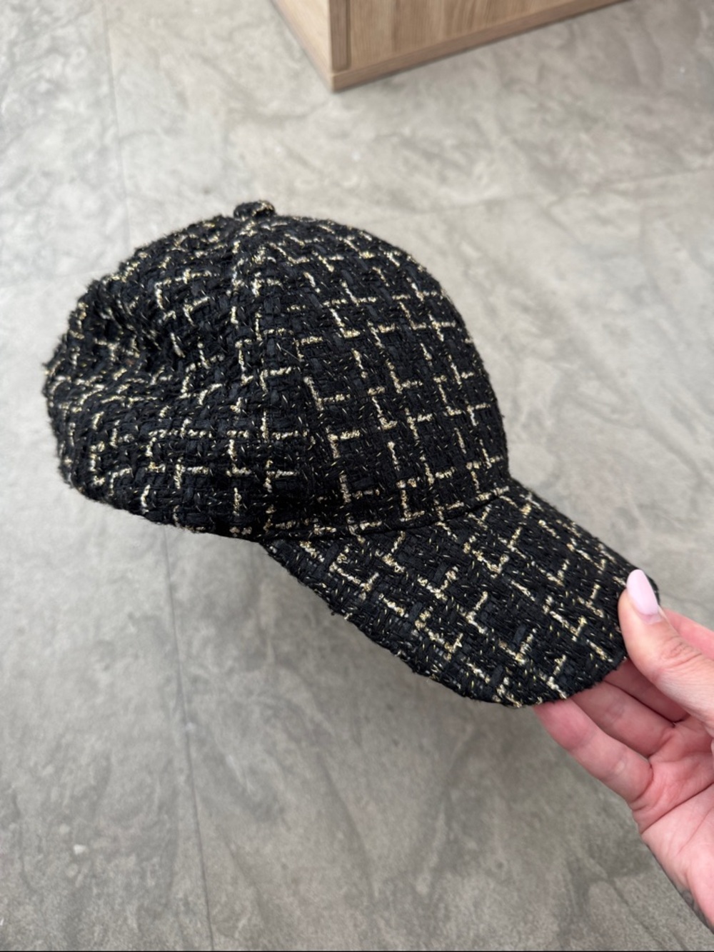 Black Tweed Baseball Cap with Gold Thread Accents
